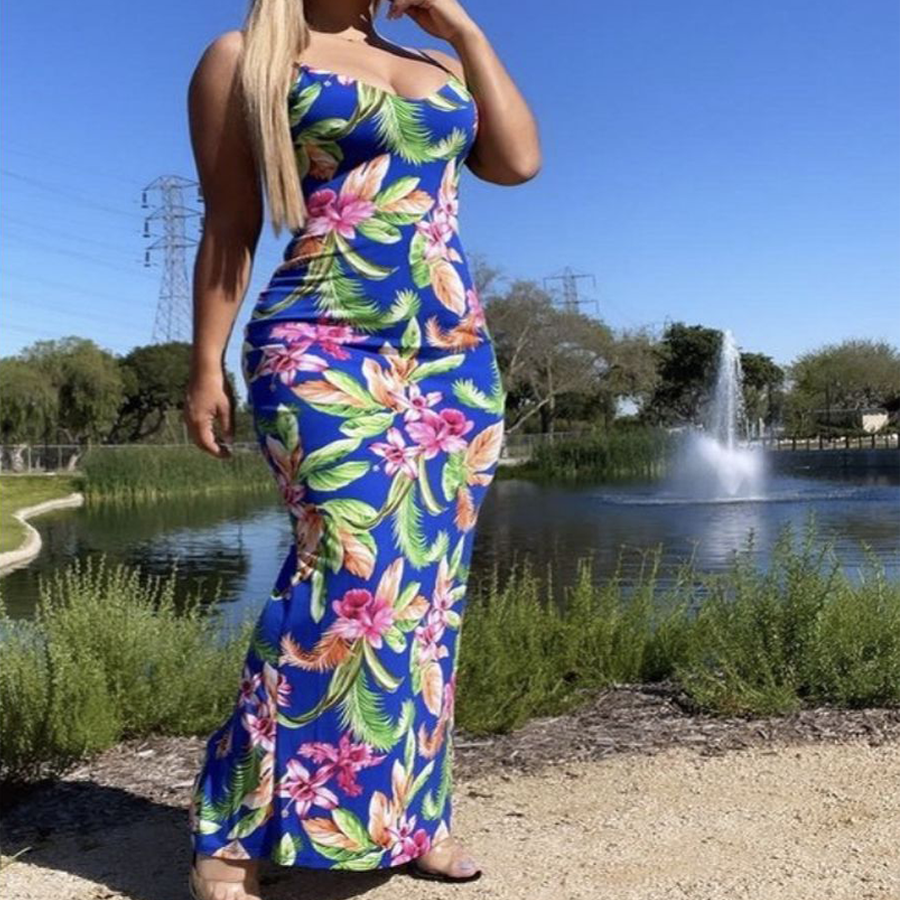 flower power maxi dress Flower Power Linen Maxi Dress - Blue/combo